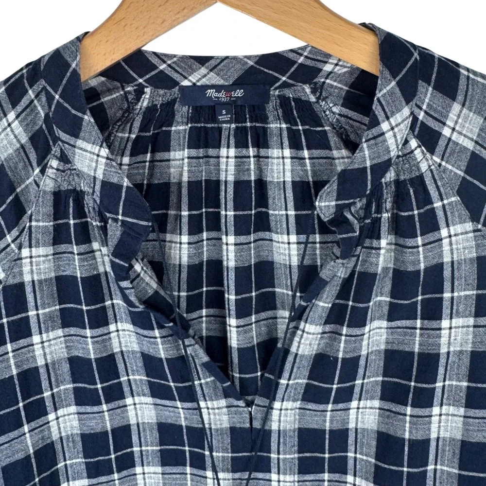 Madewell Plaid Cotton Linen Blouse Top Womens‎ S Navy Blue White Tassel Tie